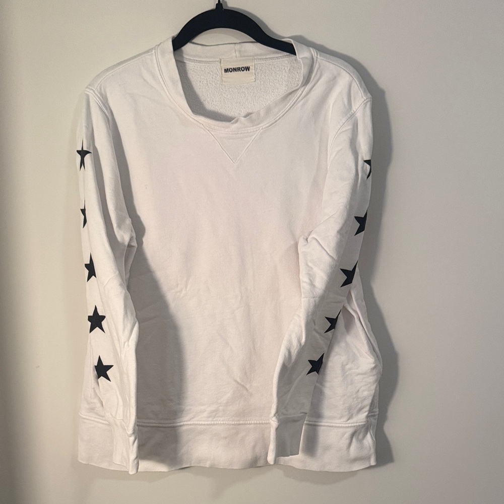 Monrow White Sweatshirt with Black Star Sleeve Detail